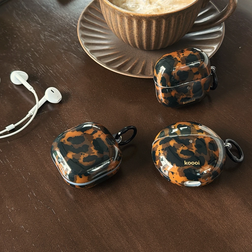 Retro Braunes Leoparden-Schildpattmuster Stoßfeste Kopfhörer-Schutzhülle für Samsung Galaxy Buds4 Pro 3 Pro 2 Pro FE Live