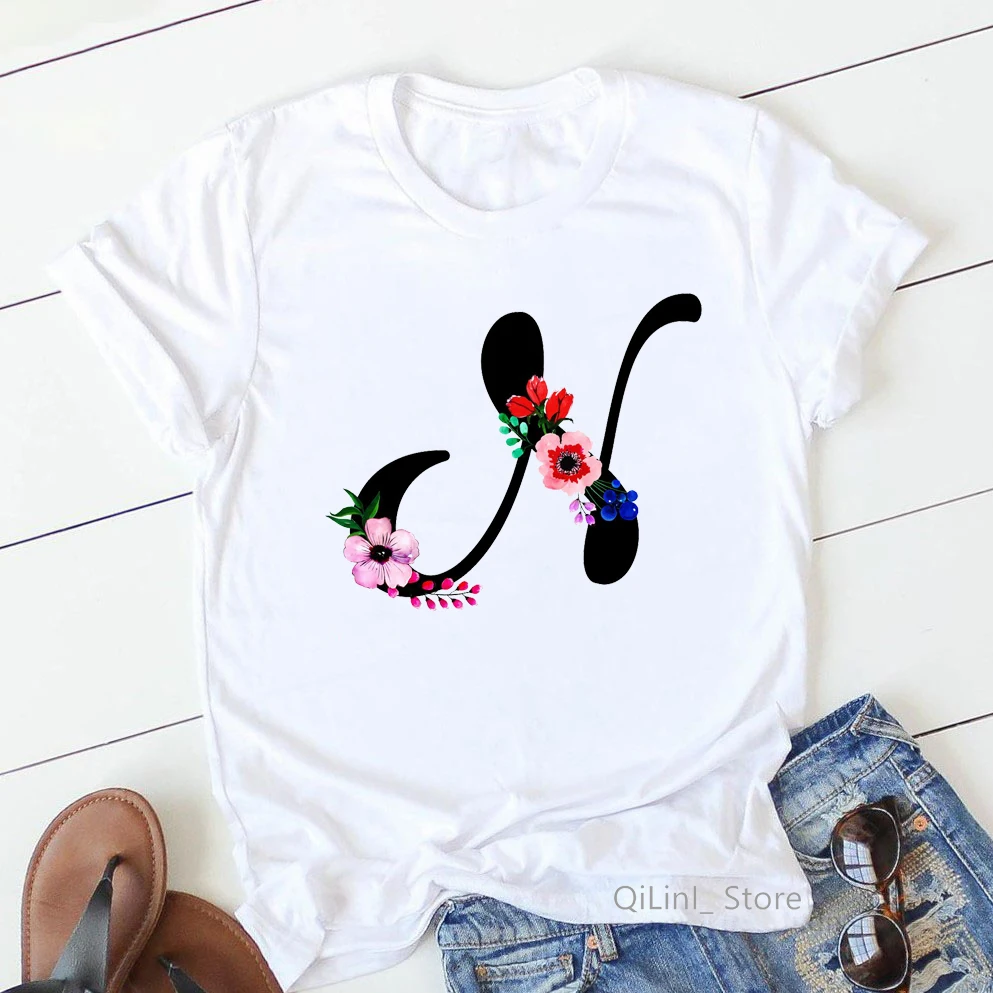 

Newest 26 Alphabet Letter A To Z Combination Flowers Print Tshirt Femme 90s Lovely Top Tee Women Custom Diy T-Shirt Wholesale