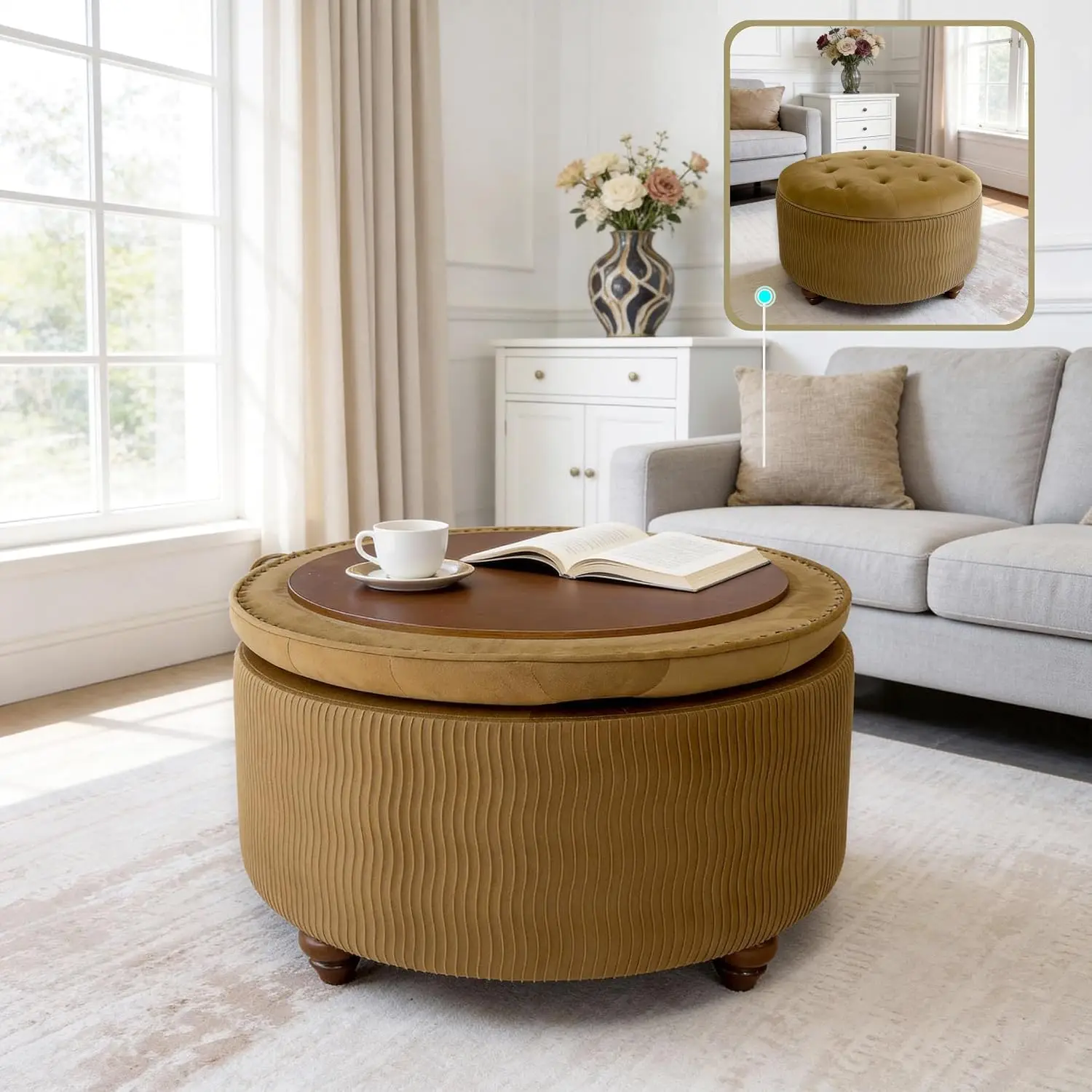 30 Inch Round Storage Ottoman with Lift Off Lid, Upholstered Footrest Extra Seat Hidden Storage for Living Room Bedroom, Customi