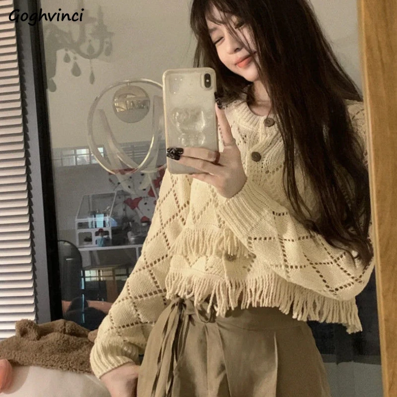 

Knitted Cardigans Women Vintage Tassel Design Fashion Gentle Autumn Cute Aesthetic Hollow Out Cropped Sweater Ulzzang Girlish