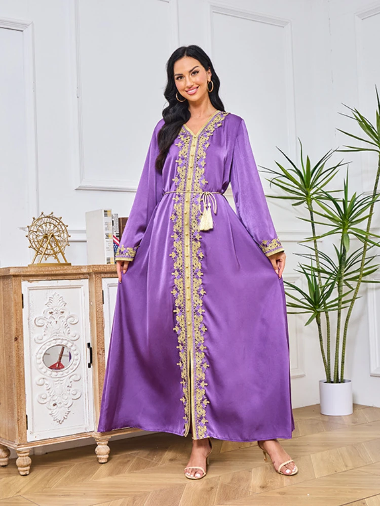 

Jalabiya Abaya Women Dresses V Neck Kaftan Eid Kaftan Dubai Abayas Muslim Moroccan Caftan Evening Dress Embroidered Elegant