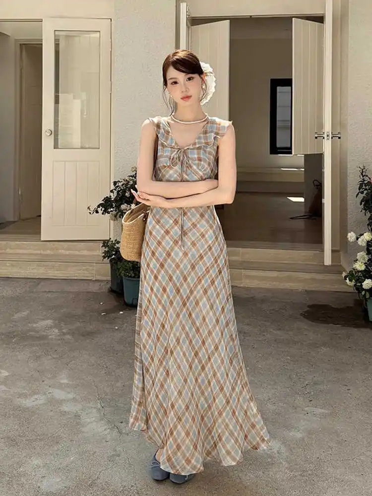 

Clothland Women Elegant Plaid Midi Dress Bow Tie Sleeveless V Neck One Piece Checkered Summer Dresses Vestido Mujer QE023