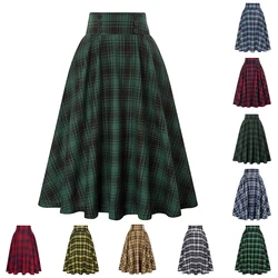 SISHION 2025 Autumn New A Line Swing Buttons Long Midi Vintage Skirt SS0037 Red Green High Waist Plaid Skirts for Women Jupe