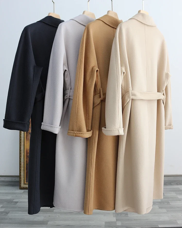 MAX Handmade Double Sided Cashmere Wool Water Ripple Women Coat Female Korean Double Breasted Long Woolen Coat for Women