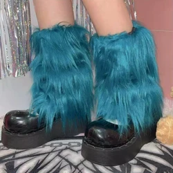 Goth Blue Furry Leg Warmers Y2K Faux Fur Leg Warmers Boot Covers Lady Leopard Jk Knee-length Hipster Warm Sock Fashion Socks