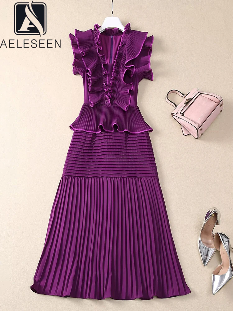 AELESEEN Runway Fashion Pleated Dress For Women 2025 Spring Summer V-Necl Ruffles Folds Patchwork Purple Pink Elegant Midi