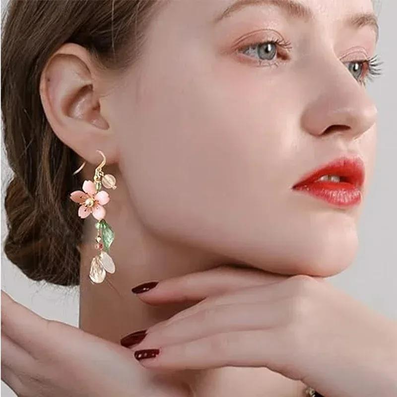 Exquisite Spring Pink Flower Dangle Earrings for Women, Fairy Charms Floral Leaf Earrings Summer Holiday Pendants Earrings Gifts