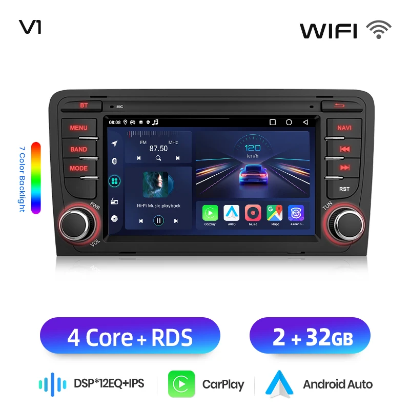 Junsun 7" Wireless CarPlay Android Auto Autoradio für Audi A3 8P S3 2003 2004 2005-2012 GPS Stereo Multimedia WiFi 4G 8core RDS