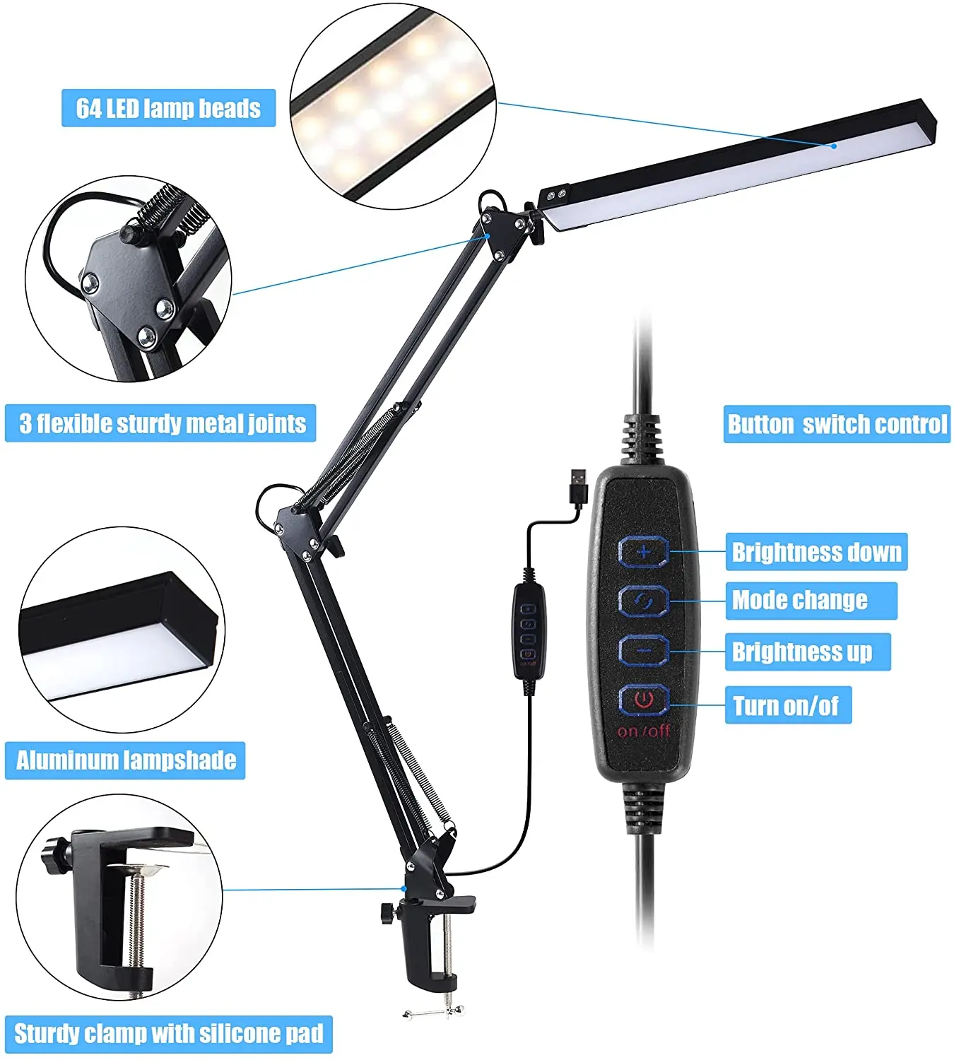 LED Desk Lamp with Clamp, Eye-Care Dimmable Reading Light, 3 Color Modes Swing Arm Lamp, USB Clip-on Table Lamp, Daylight Lamp