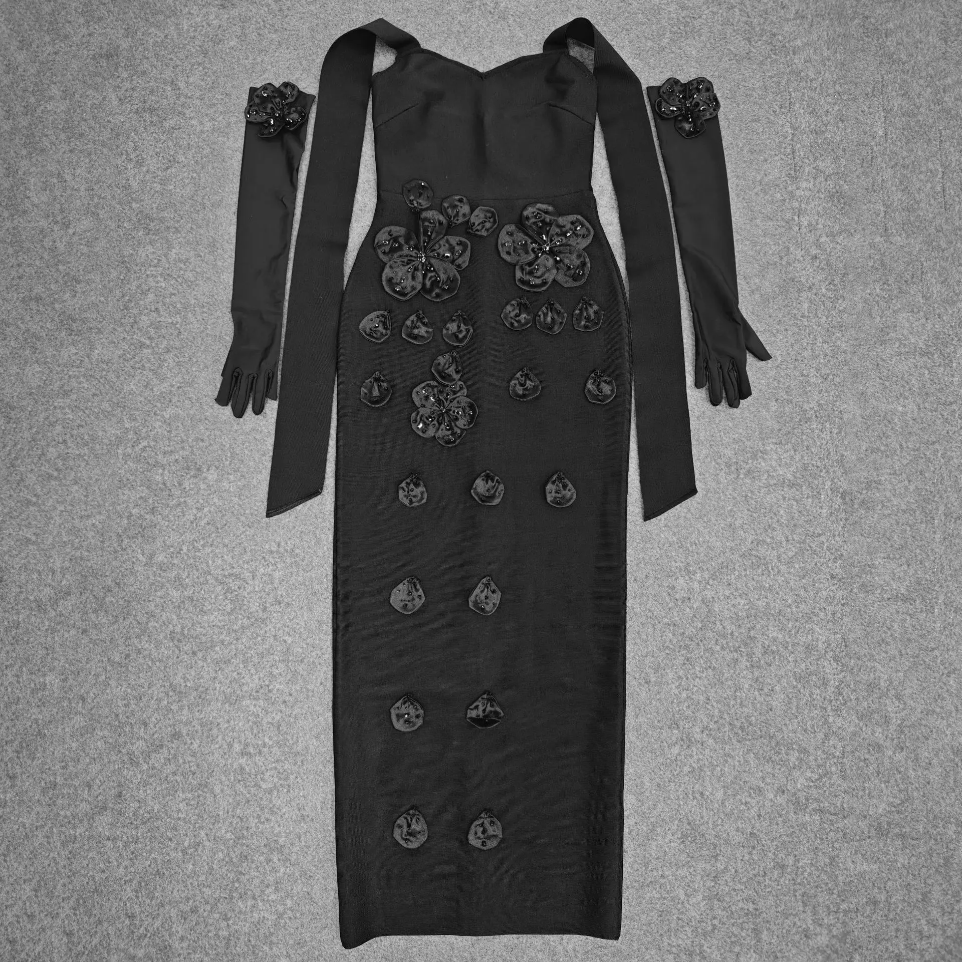 Seksowna sukienka bandażowa z kwiatowym wzorem, wiązana na szyi, dopasowana, z rękawiczkami, damska, elegancka, na wieczór, studniówkę, do klubu, na urodziny, imprezę, do klubu nocnego.