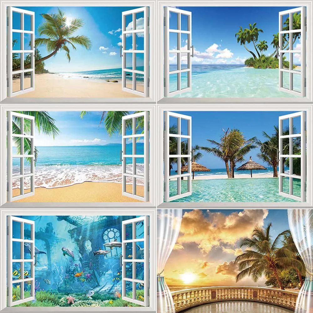 MOON.QG Summer Window Beach Photography Backdrop Palm Wave Curtain Photozone Background Children Photo Studio Photozone Supplies