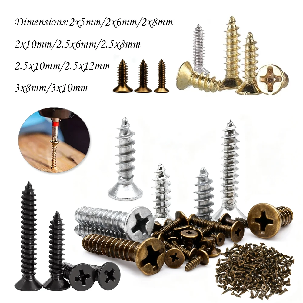 100-1000 peças Parafusos Autoatarraxantes Phillips de Cabeça Chata, Cabeça Redonda e Cabeça Pan, Mini, Micro e Pequenos, de 2-3 X 5/6/8/10mm, para Madeira e Móveis
