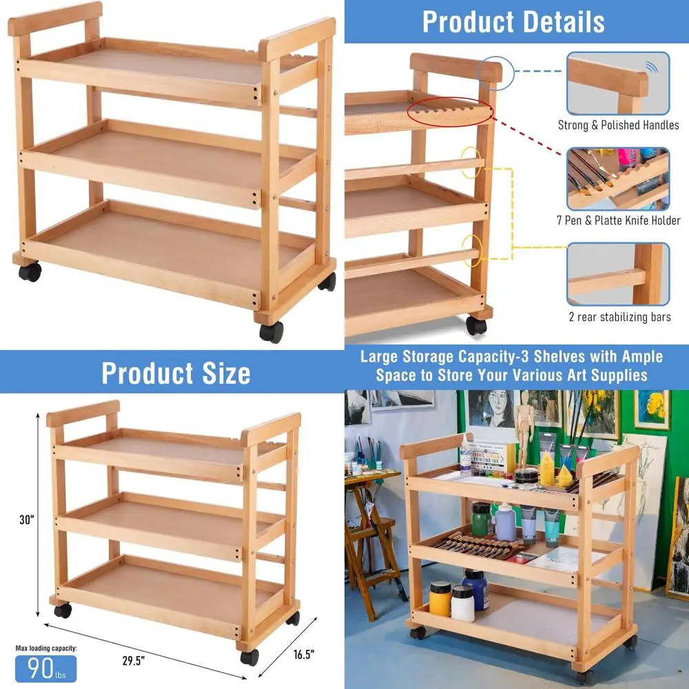 

3-Tier Beechwood Rolling Art Cart Organizer with Wheels for Studio and Classroom