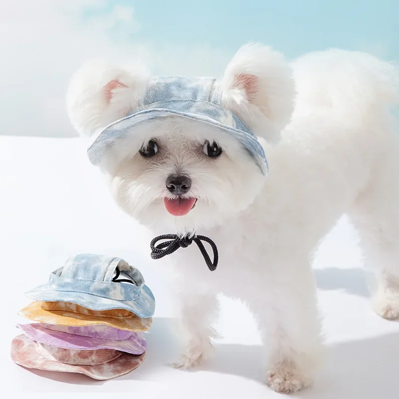 Summer Pet Cute Open Ears Adjustable Breathable Sunscreen Shading Small Dog Cat Hat Dog Bucket Hat