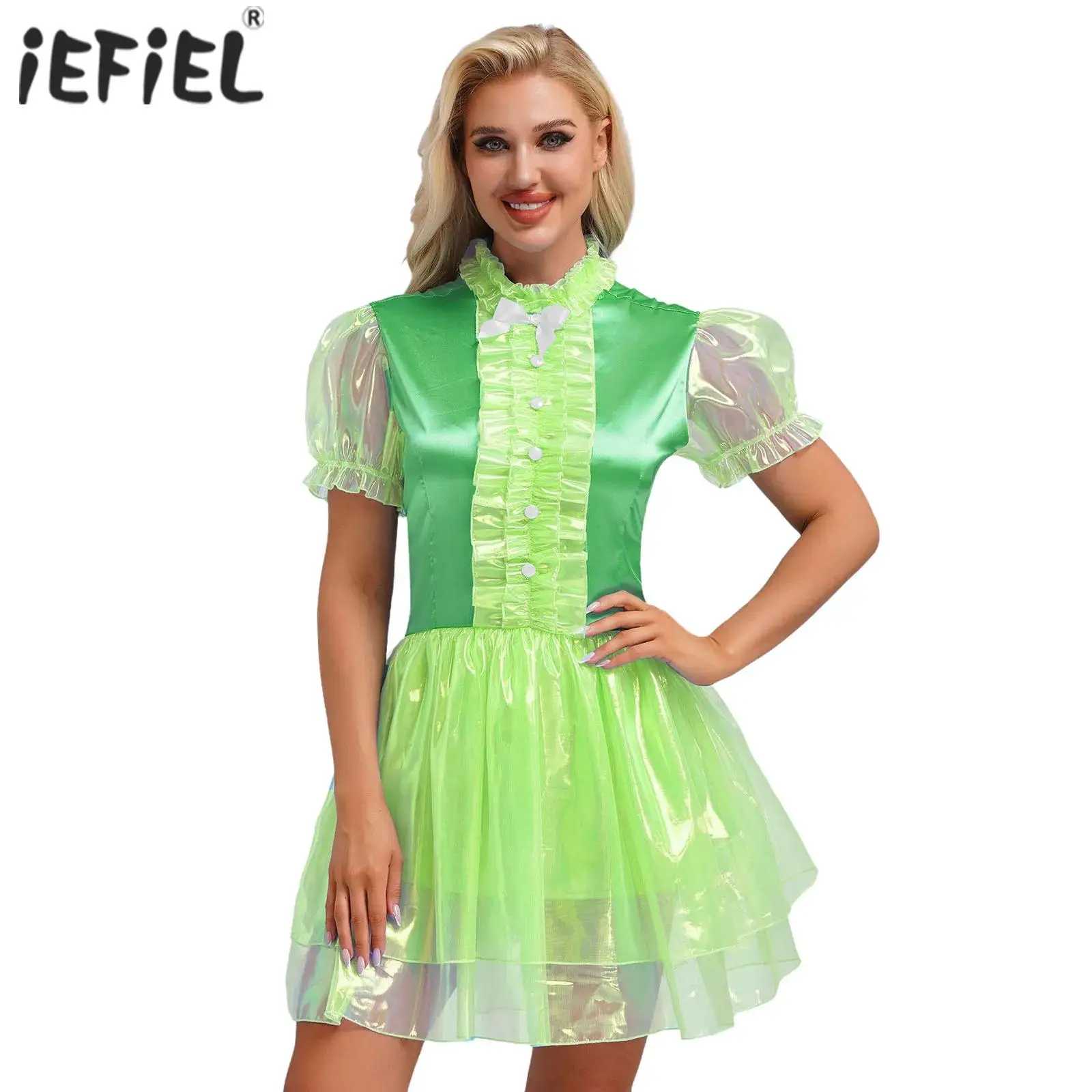 

Womens Lolita Maid Anime Cosplay Costume Puff Sleeve Bow Sparkly Puffy Dress Ruffled Frilly Tiered Vintage Maid Waitres Dress
