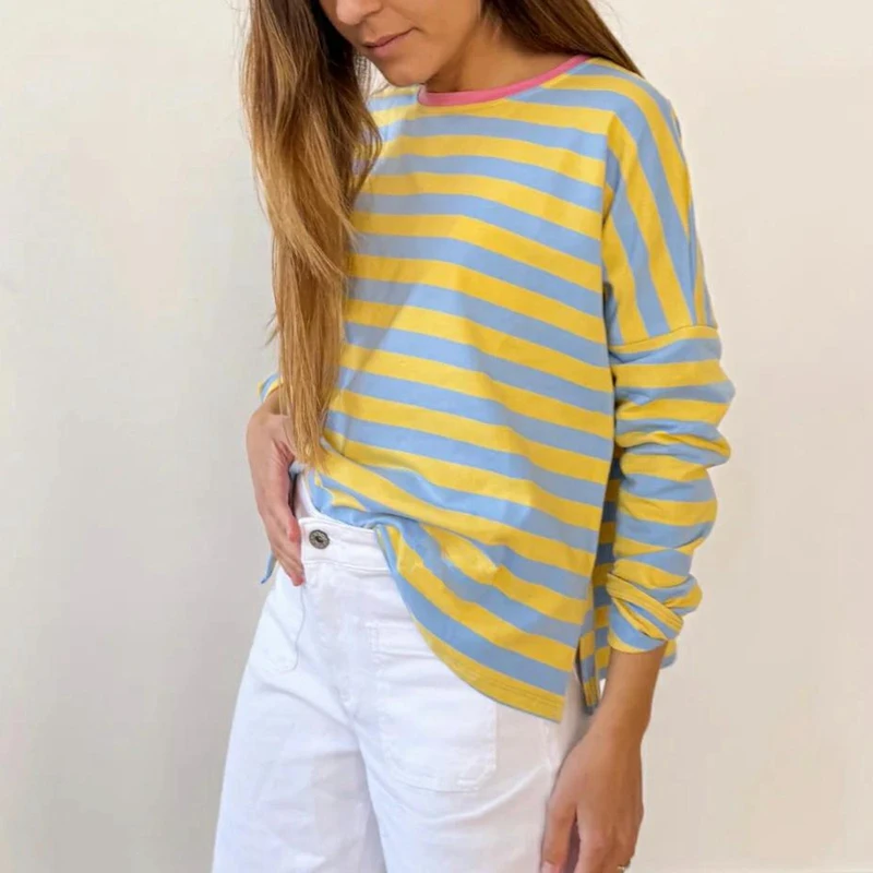 

Combhasaki Women Spring Fall Striped Contrast Color Oversized T-Shirts Crew Neck Drop Shoulder Long Sleeve Loose Fit Tee Tops