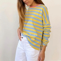 Combhasaki Women Spring Fall Striped Contrast Color Oversized T-Shirts Crew Neck Drop Shoulder Long Sleeve Loose Fit Tee Tops