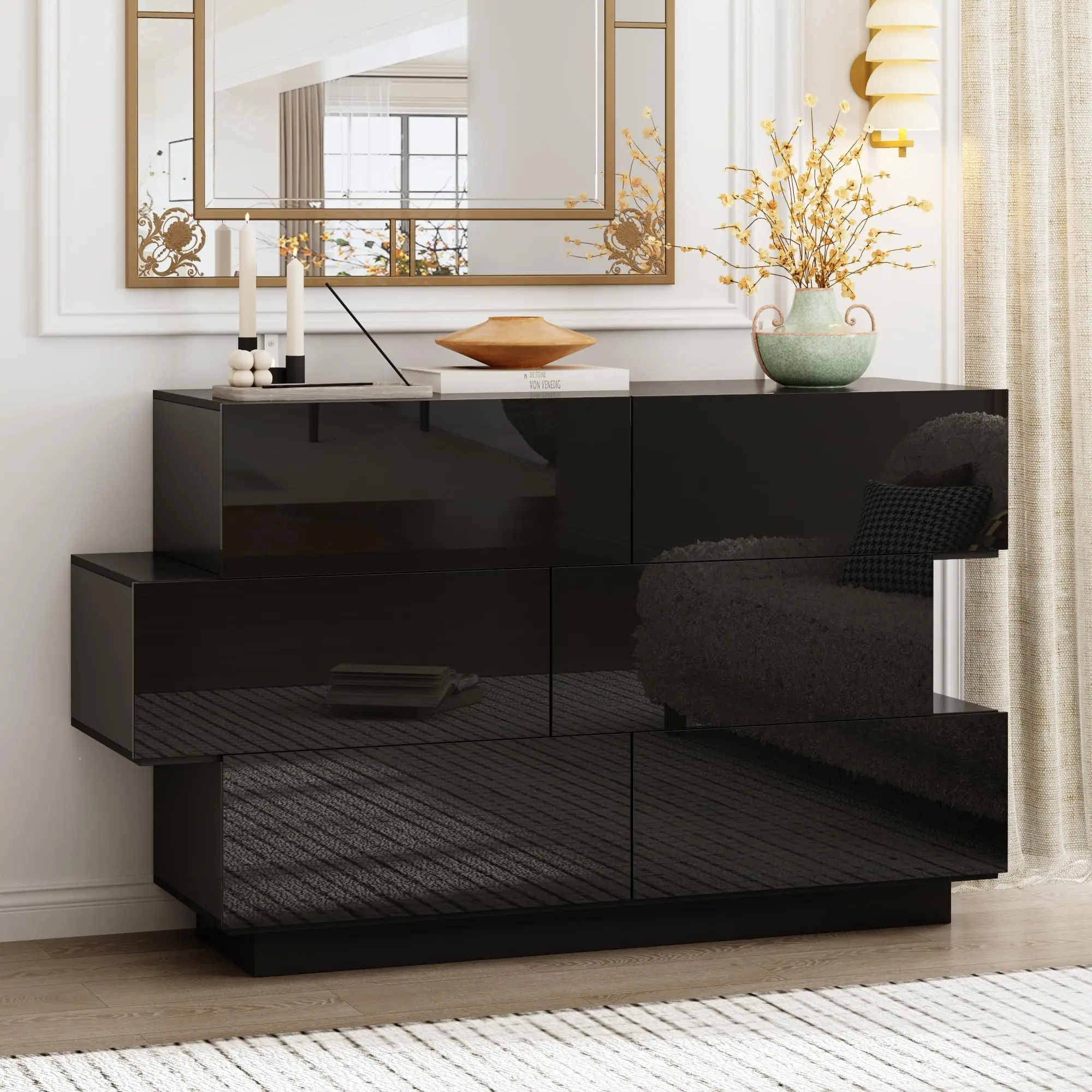 Black Drawer Dresser for Bedroom, Modern High Gloss Dresser with 6 Drawers, Storage Chest of Drawer with Asymmetrical