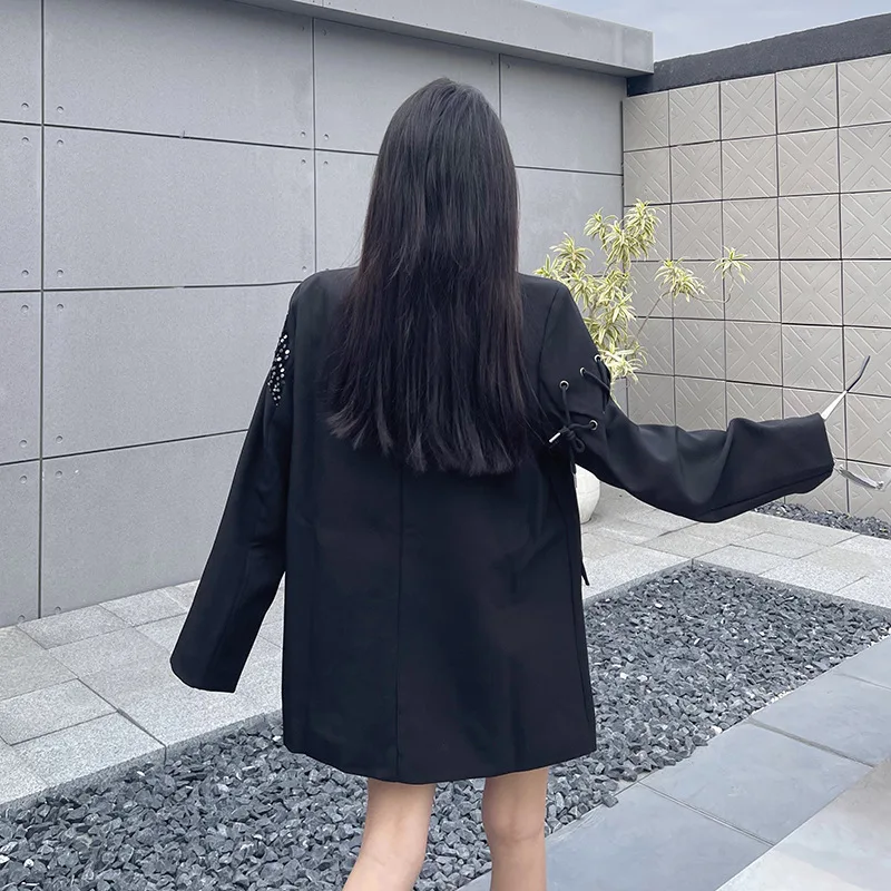 HKSH Women Blazer Dark Style Trendy Patchwork Sequins Bandage Design High Street Niche Loose Suit-Coat Spring Autumn New HK25471