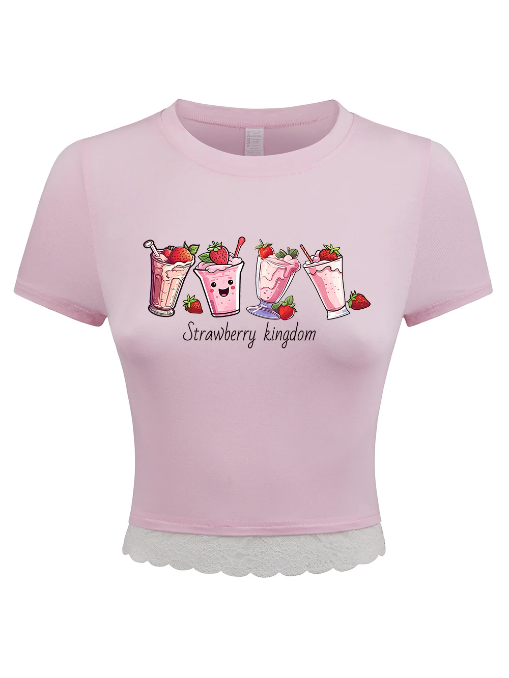 

Strawberry Sand Ice Cream Prints Women Crop T-Shirts Summer High Elastic O-Neck Tops Lace Hem Slim Tees Comfortable Soft Clothes