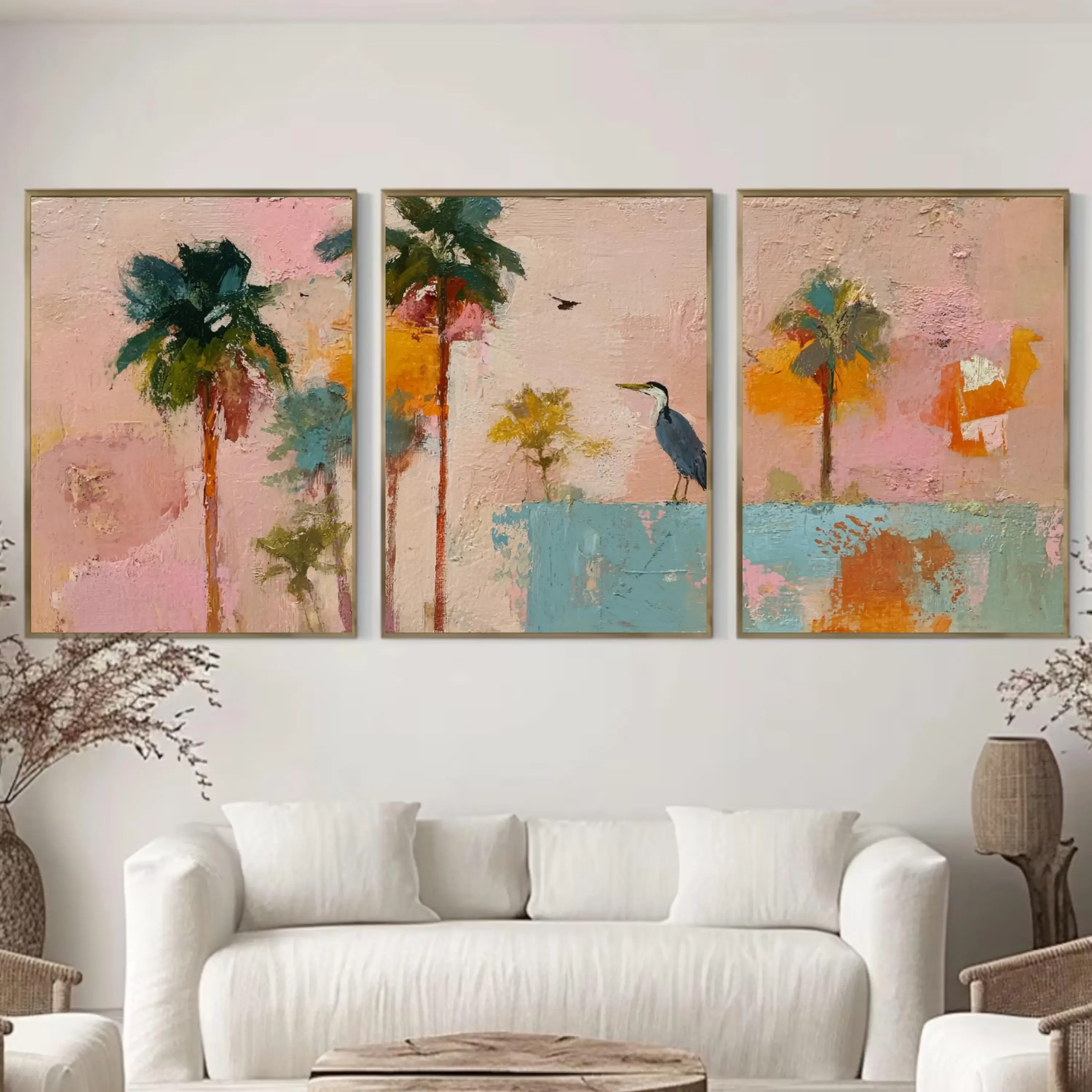 3pcs frameless Canvas Painting Colorful Coastal Palm Tree Art Set of 3 with Bird | Abstract Tropical Wall Prints | Playful Boho
