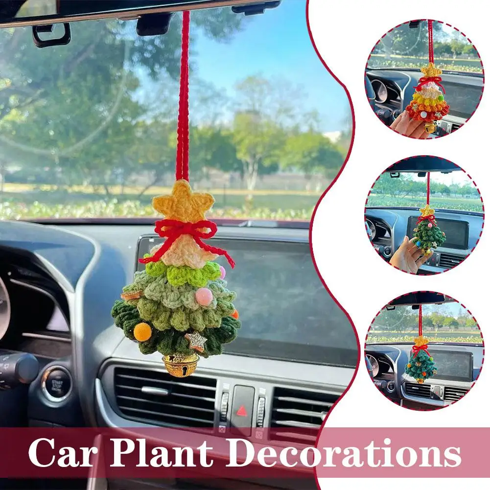 Cute Handmade Knitted Christmas Tree Rearview Mirror Ornaments Auto Pendant Charm Interior Decoration Crochet Accessories L8B7