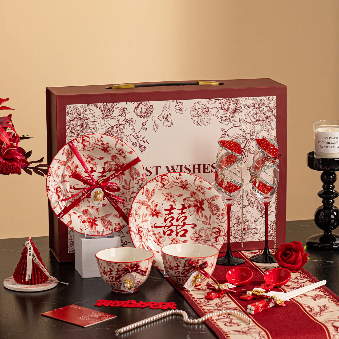 

HYS Home Wedding Gift High-end Ceramic Tableware Souvenir Gift New Underglaze Color Engagement Dish Plate Set Gift Box