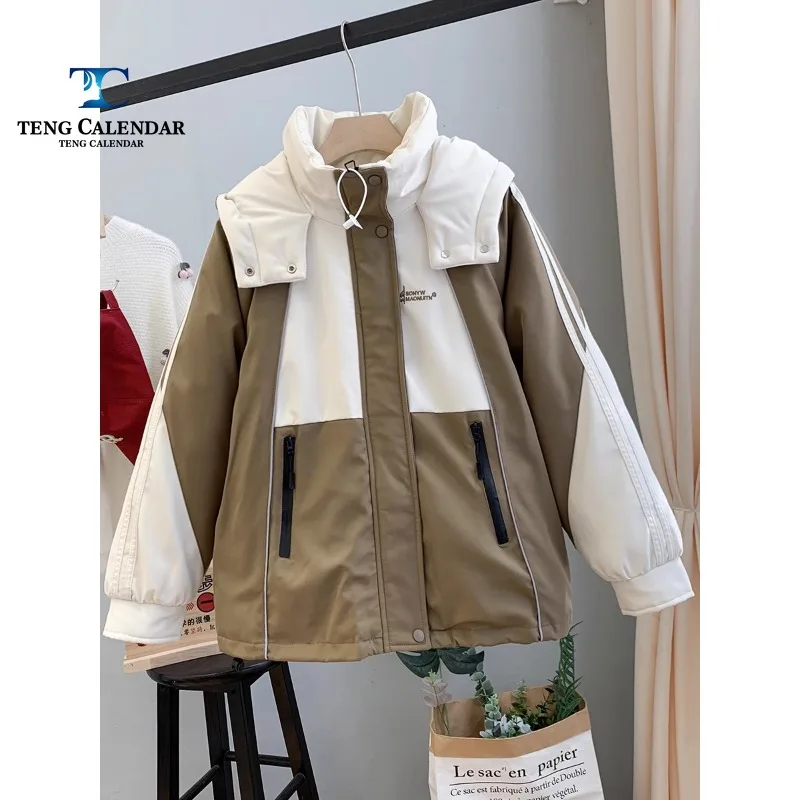 Stormtrooper Cotton Jacket for Women, Korean Loose Color Blocked, Versatile Hooded Thick Coat, New Style, 2023 Winter