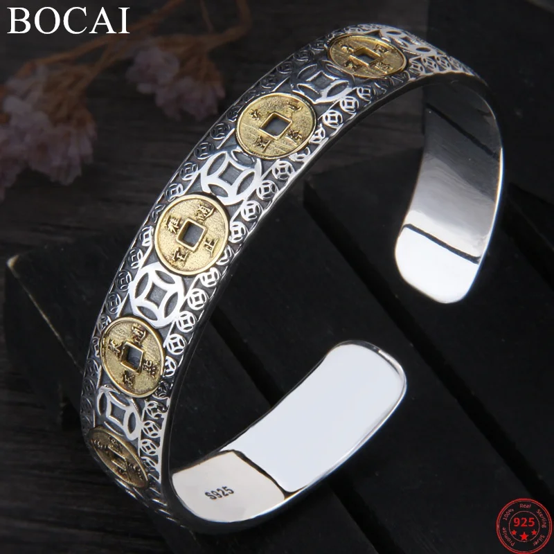 

BOCAI S925 Sterling Silver Charm Braceletss for Men Women Hollow China Ancient Five Emperors Coins Pattern Bangle Free Shipping