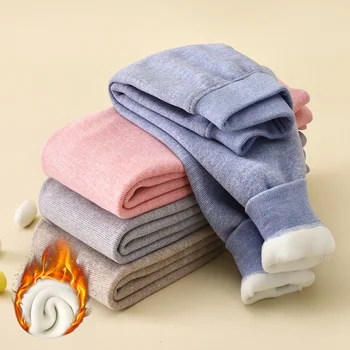 1-7Y Autumn Winter Fleece-lined Kids Leggings Solid Color Thickened Pants For Boys Girls Soft Warm Children Trousers