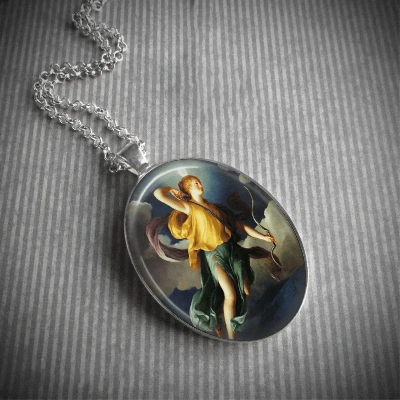 Bohemia Style Greek Goddess Artemis Diana Art Photo Glass Pendant Necklace