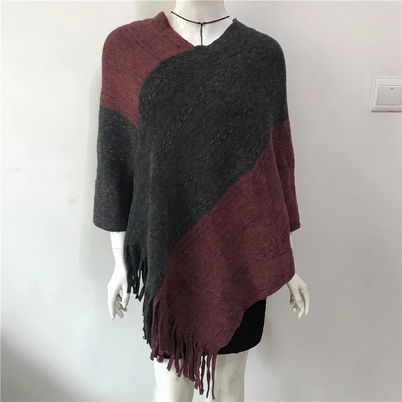 2024 Spring Autumn Color Matching Tassel Knitted Shawl Women New Warm Imitation Cashmere Pullover Cloak Sunscreen Gray