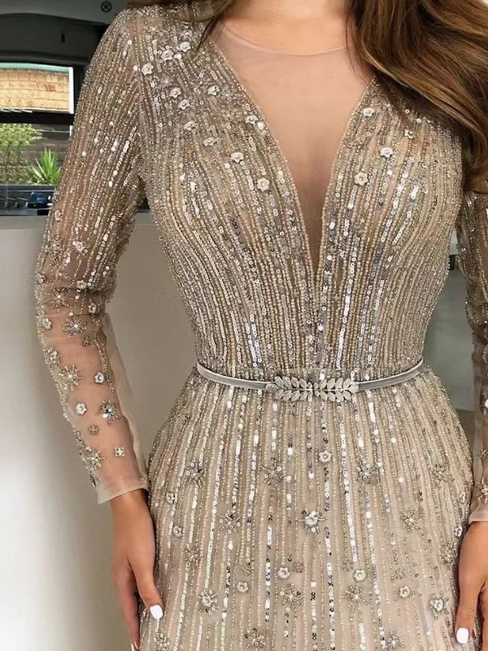 MYMB Champagne Long Sleeves Elegant Muslim Evening Dress for Wedding Party Dubai Luxury Beaded A-Line Women Ball Gowns DSL62533