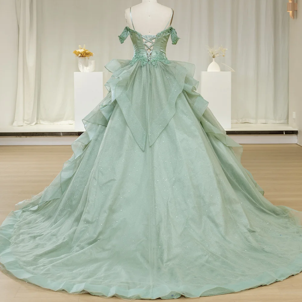 CCApproach-Robe de Quinceanera verte avec appliques en dentelle, perles, col en V, bretelles spaghetti, boule, 15 ans, 2024