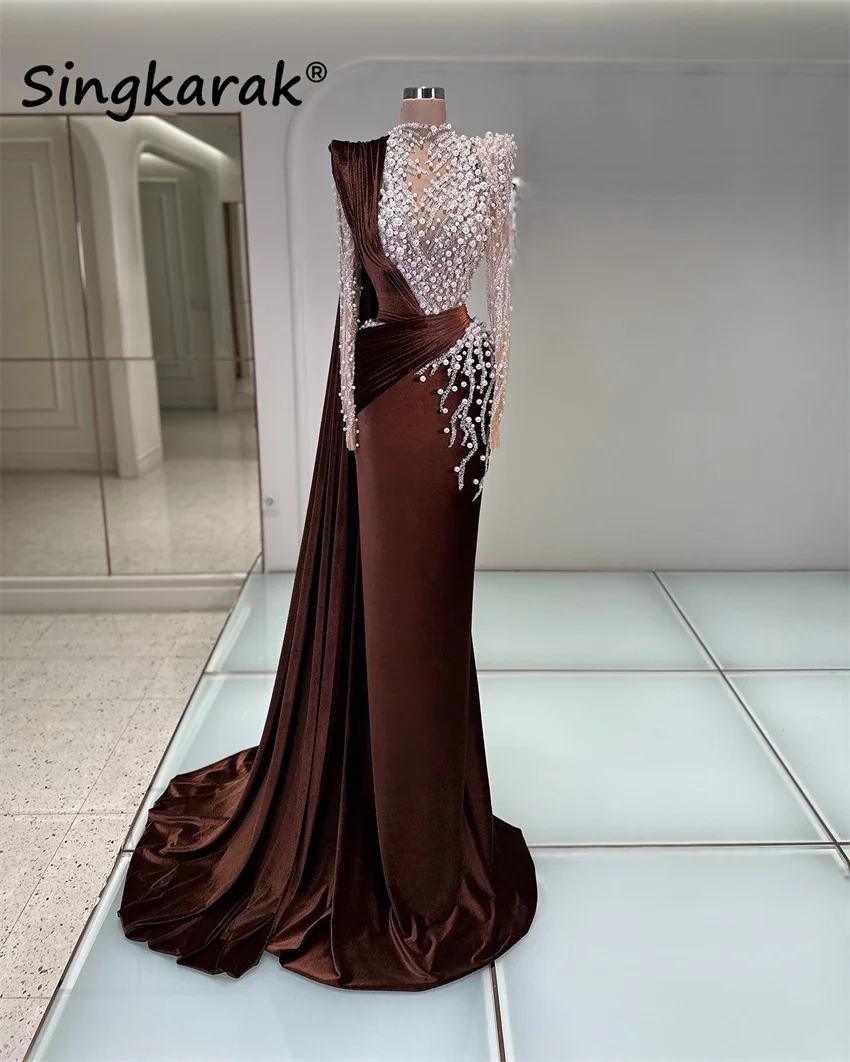 

Elegant Mermaid Evening Dresses Crystals Beads Pearls Dresses For Special Occasions Shine Birthday Robe Long Sleeves Customized