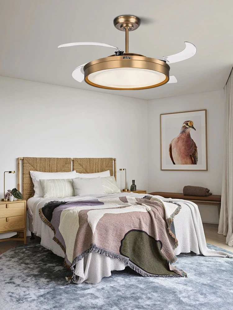 Bronze Modern Led Ceiling Fan Light Quiet Invisible Fan Blade Remote Control Reversible Timing Fan Lamp for Dining Room Bedroom