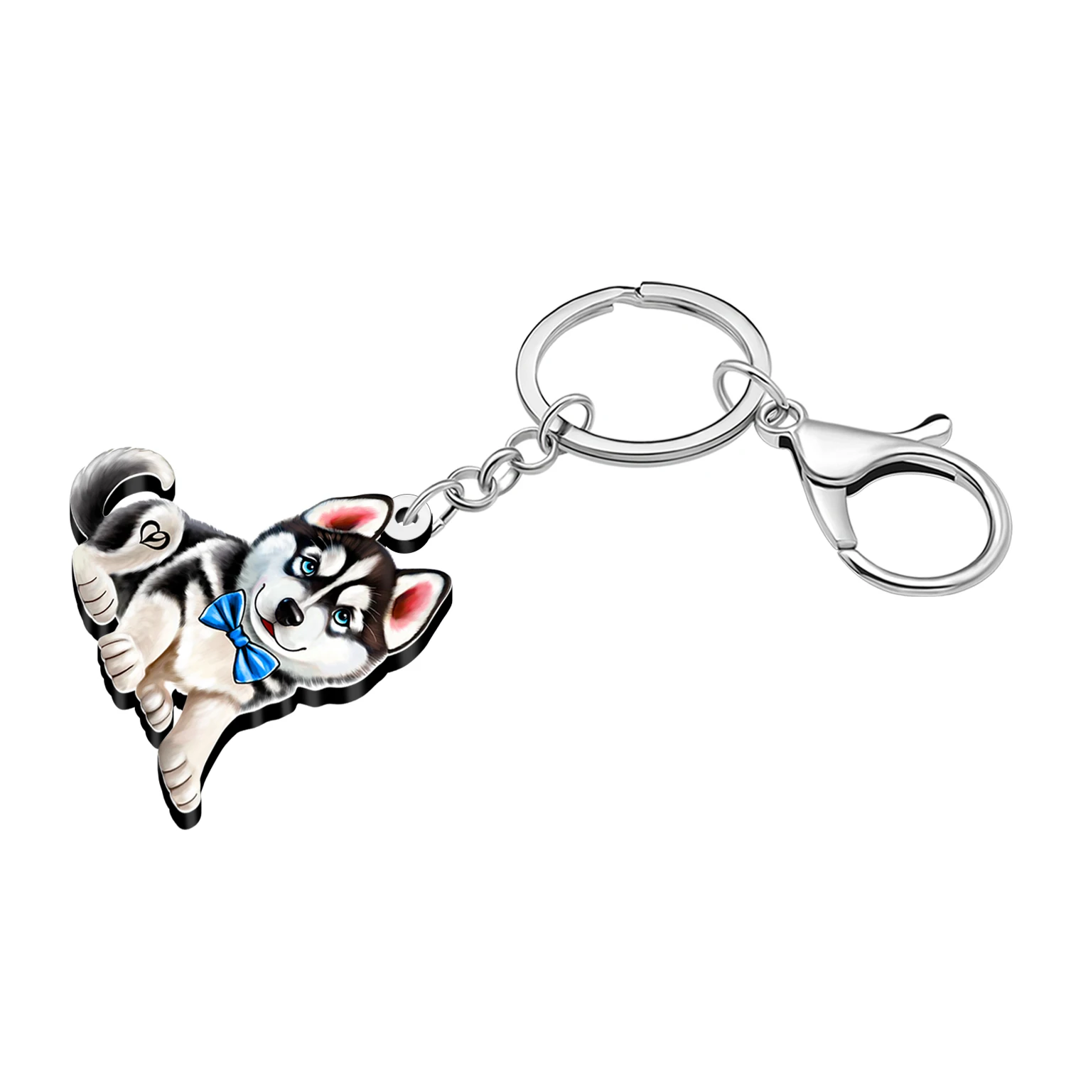 WEVENI Acrylic Cute Blue Tie Husky Dog Keychains Anime Puppy Pets Animals Key Chains Rings for Women Purse Backpack Charms Gifts