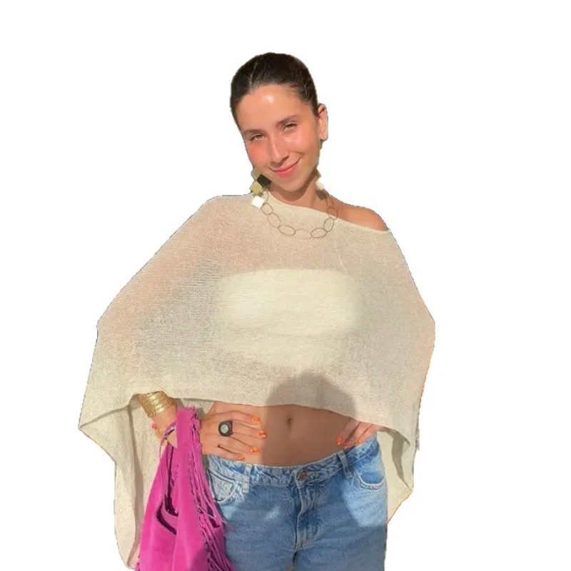 Durchsichtiges Poncho-Oberteil für Damen, leicht gestrickt, Achselzucken, Schal, schulterfrei, Netzbluse, Überwurf-Oberteile