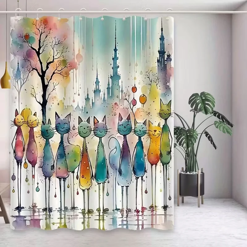 

VIKAMA Hand-Painted Artistic Abstract Cat Shower Curtain Premium Elegant Bathroom Curtain Fabric Bathroom Decor Easy to Maintain