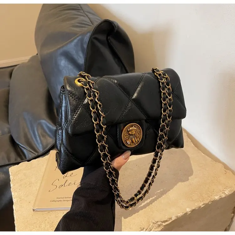 2025 Retro Rhombus Chain Messenger Bag - Women's High-End Double-Layer PU Leather Shoulder Bag with Versatile Square Design