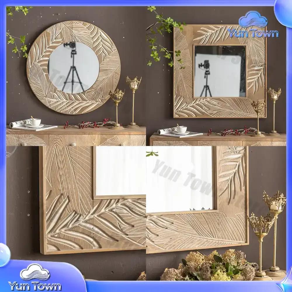 Rustic Farmhouse Carved Square Mirror for Living Room Bedroom Decor Wall Mounted Wooden Round Vanity Mirror for Airbnb Home