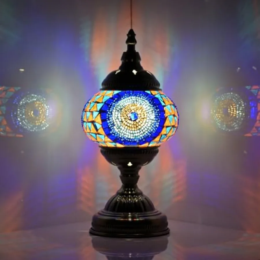Turkish Moroccan Table Lamp Lantern with Handmade Mosaic Glass Lampshade Tiffany Style Bohemian Stained Glass Decorative Desk L
