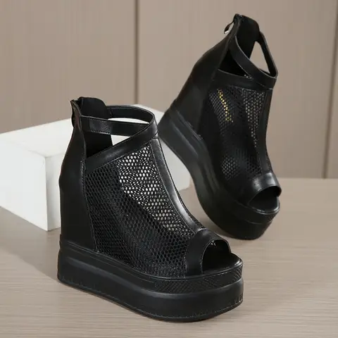 Summer New Arrival 15cm High Heel Fish Toe Wedge Sandals for Women - Black Mesh Waterproof Platform Thick Sole Peep Toe Shoes