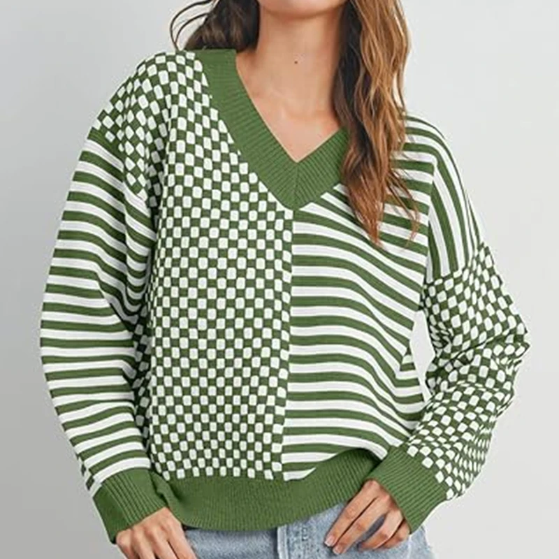 Grunge Y2k Women Clothing Checkered Striped Sweater V Neck Fall Trendy Loose Long Sleeve Sweaters Chic Knitting Pullover Tops