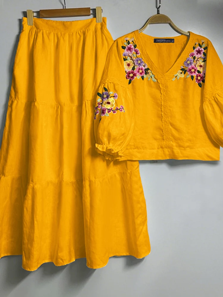 ZANZEA, осенние женские элегантные комплекты платьев, модные кружевные топы с v-образным вырезом и принтом, макси-юбки с эластичной резинкой на талии, повседневные свободные наряды из 2 предметов ZANZEA, осенние женские элегантные комплекты платьев, модные кружевные топы с v-образным вырезом и принтом, макси-юбки с эластичной резинкой на талии, повседневные свободные наряды из 2 предметов