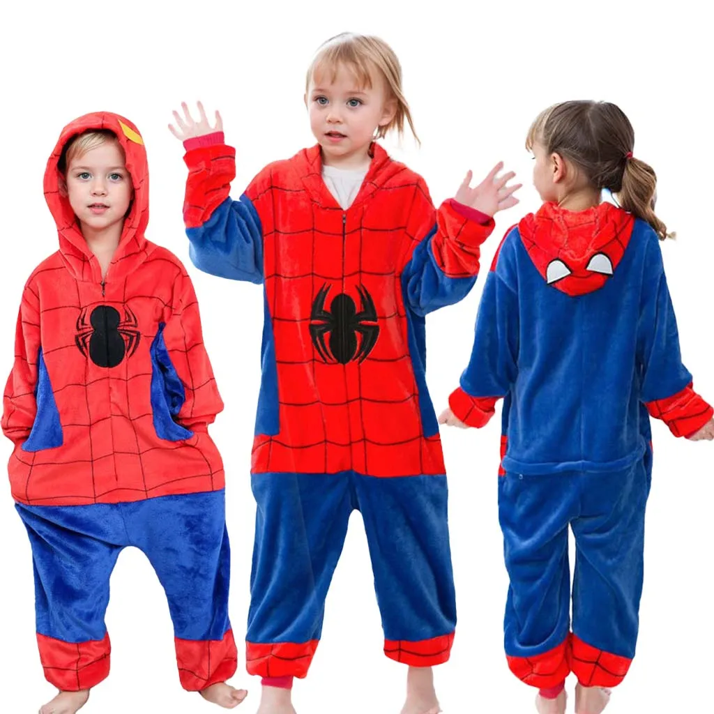 Spiderman Plush Pajamas Bodysuit Superhero Cosplay Costume Zipper Jumpsuits Warm Boys Girls Homewear Pyjamas Halloween Sleepwear