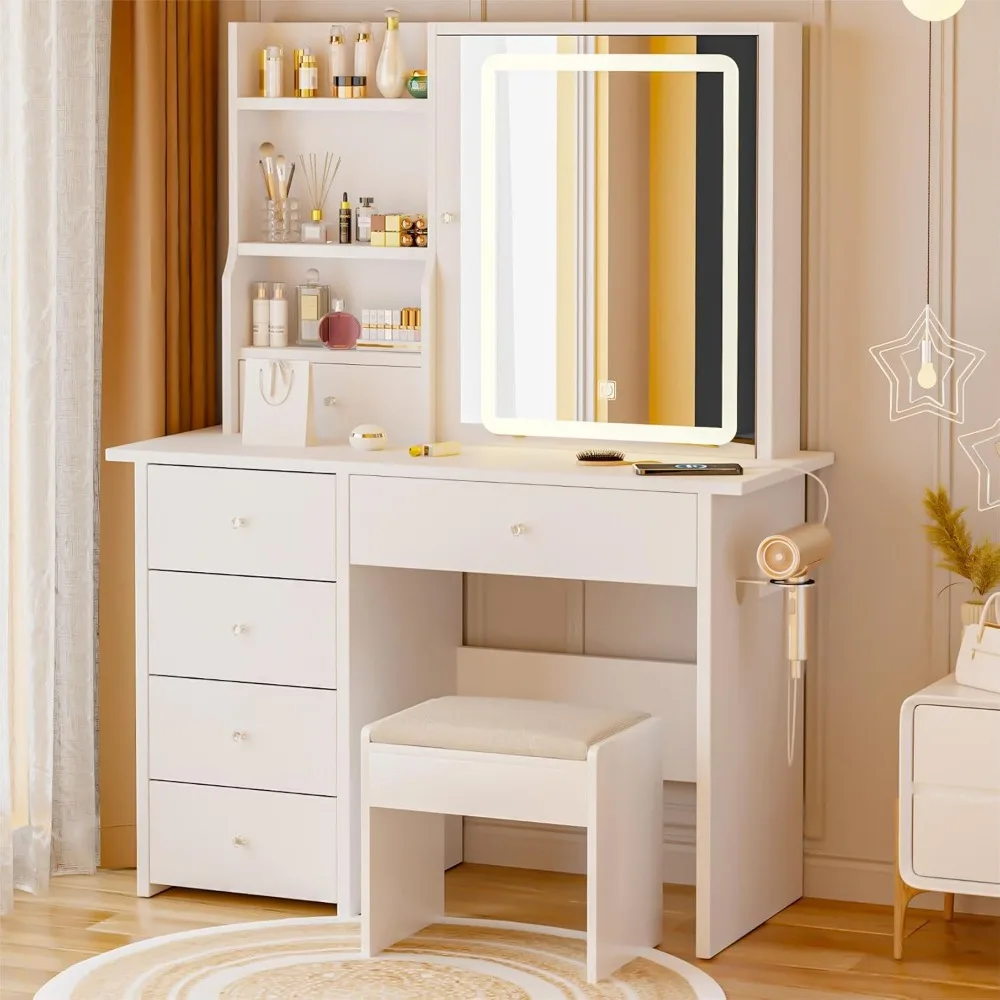 Makeup Vanity Desk with Mirror and Lights & Charging Station, White Vanity Table with 6 Drawers, Make Up Vanity Set