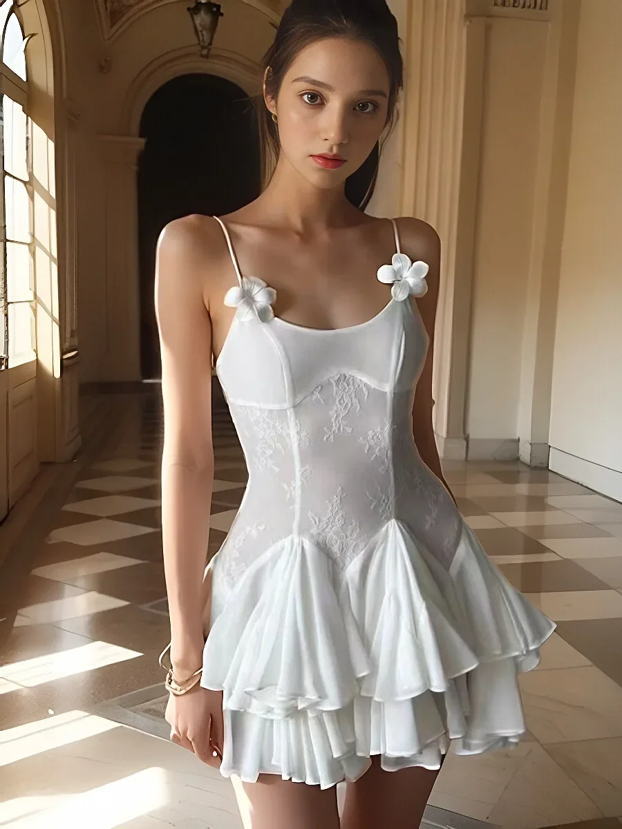 

Sexy Spaghetti Straps Bodycon Women Mini Dresses Elegant Summer A Line Ruffles Lace Patchwork Celebrity Runway Club Party Dress