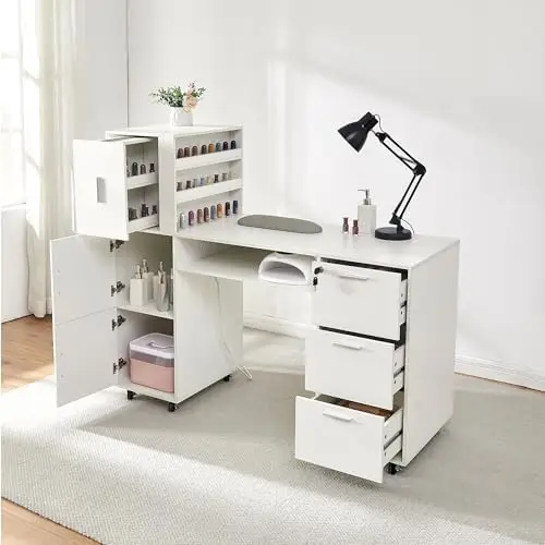 Manicure Table Nail Desk for Nail tech, 56 Inch Beauty Nail Table w/3 Cabinet+3 Drawers+3 Layers Open Cabinet+1 Open
