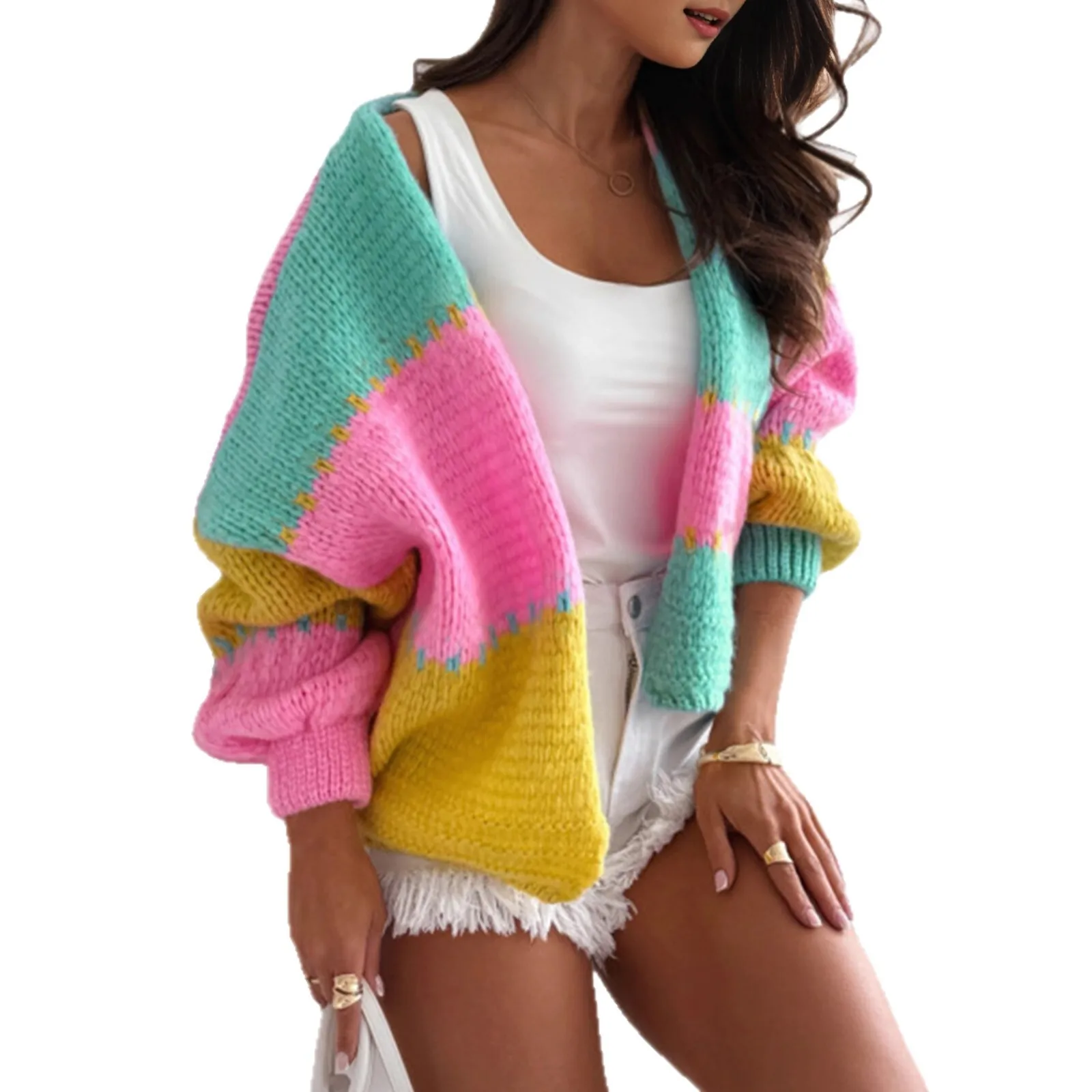 여성용 컬러 블록 패치워크 가디건 2025 가을 겨울 패션 루즈 니트 스웨터 코트